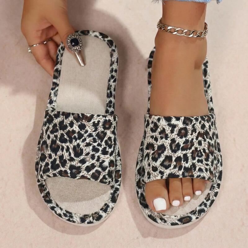 Textiles For Home - Linen Leopard Women's Slippers House Flats